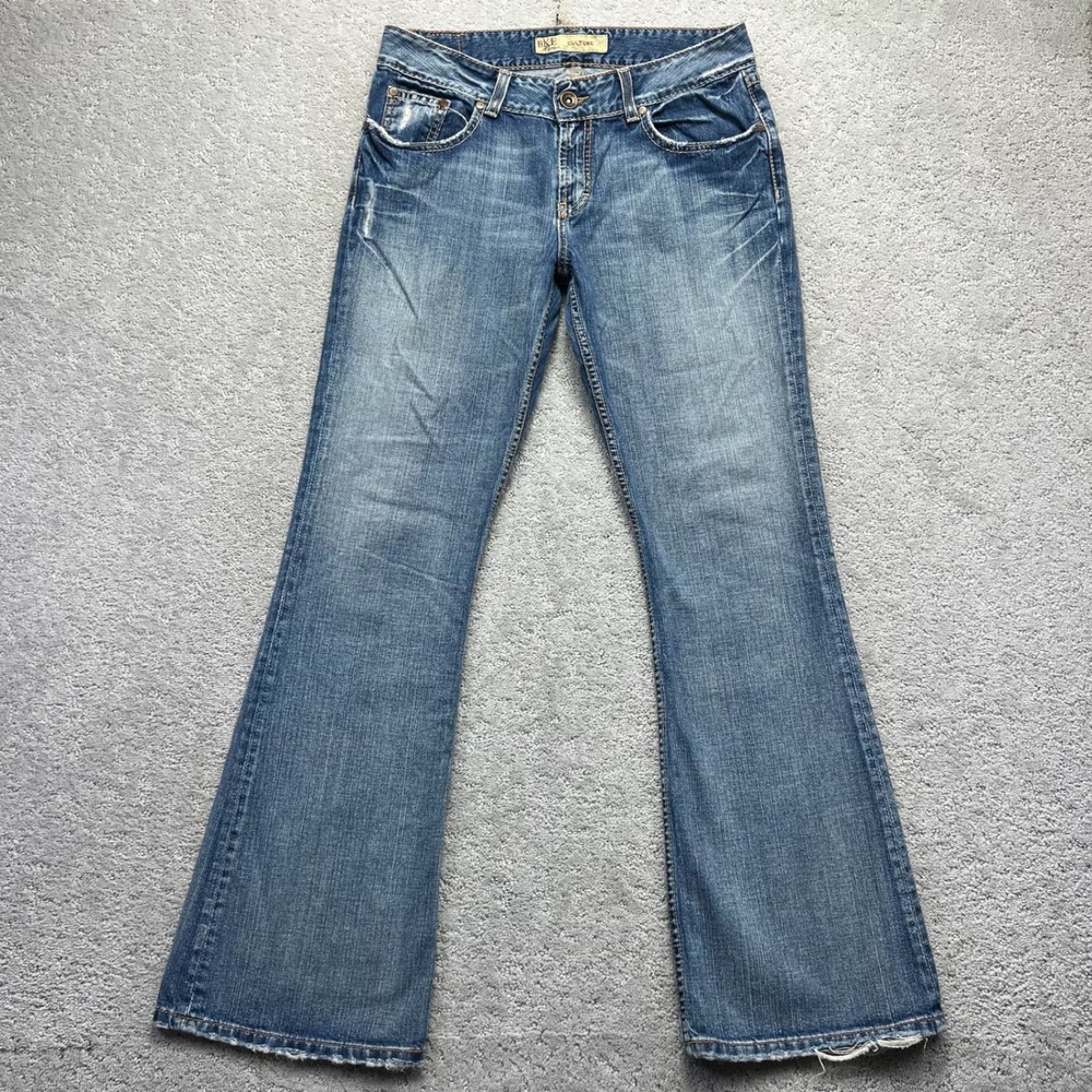 BKE Culture Denim Jeans Womens 32x33.5 Blue Distressed Flare Low Rise Buckle